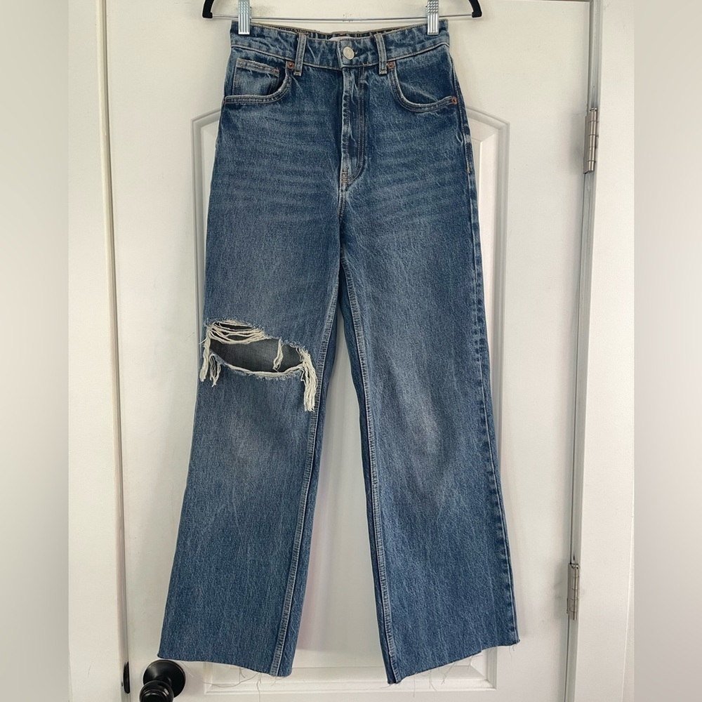 Zara High Rise Wide Leg Distressed Blue Jeans - 2